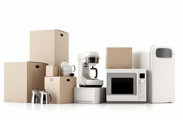 Household kitchen appliances and home electronics in carboard boxes isolated on white AI generated