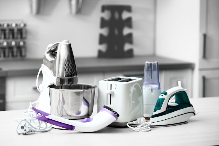 Photo household and kitchen appliances on the table in kitchen