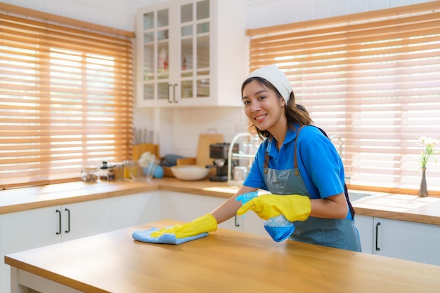 家のキッチンを掃除する家政婦