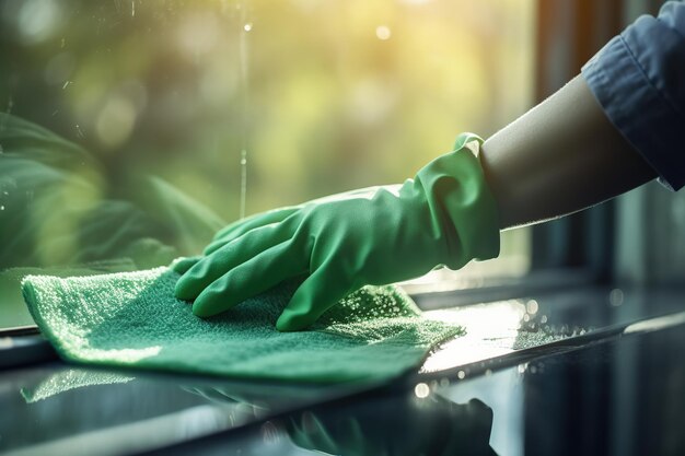 Photo housekeeper cleaning window with cloth