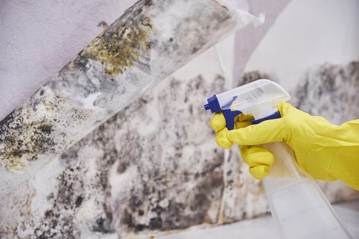 Photo housekeeper's hand with glove cleaning mold from wall with sponge and spray bottle