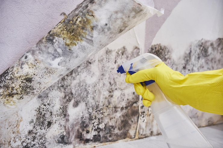 Photo housekeeper's hand with glove cleaning mold from wall with sponge and spray bottle