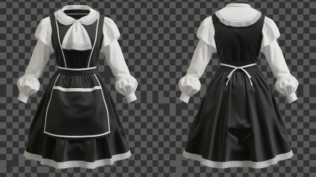 Foto uniforme da casalinga vestito di cameriera nera con collare bianco e grembiule vista anteriore e posteriore vestito di servizio di casalinga femminile disegno realistico 3d illustrazione moderna