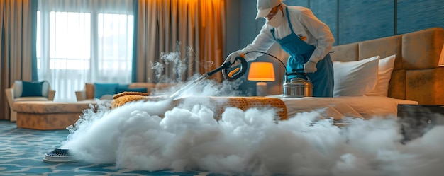 現代的なホテルの部屋の設定で家政婦が蒸気クリーナーを使用します コンセプト 家政婦の蒸気クリーン Modern Hotel Room Cleaning Equipment ホスピタリティ産業