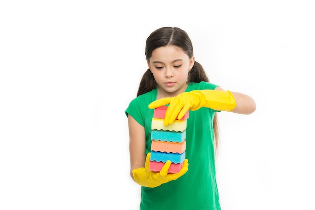 Housekeeping duties Wash dishes Cleaning with sponge Cleaning supplies Girl in rubber gloves for cleaning hold many colorful sponges white background Help clean up Cleaning could be fun