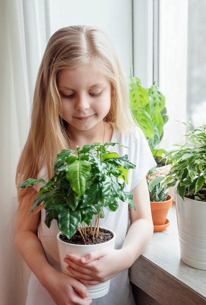 Houseplant care, little girl caring for houseplants