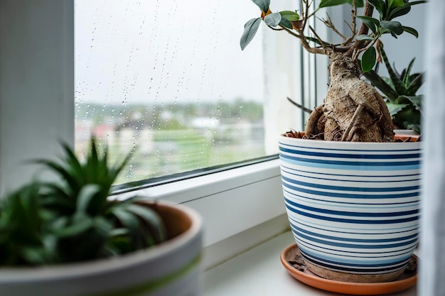 Houseplant in a colorful flowerpot against the background of a window with glass in raindrops