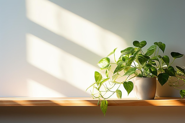 Houseplant of a Hanging Pothos Plant with White Wall Background and Sunlight from the Window