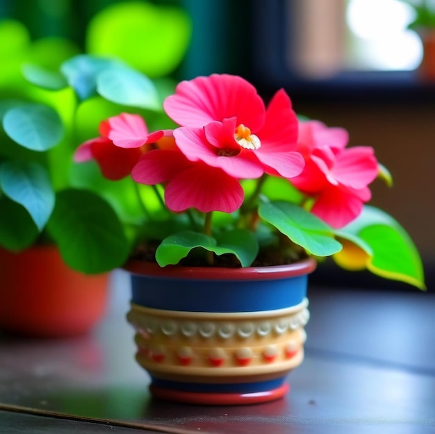 Houseplant in a pot with flowering foliage on a minimal background