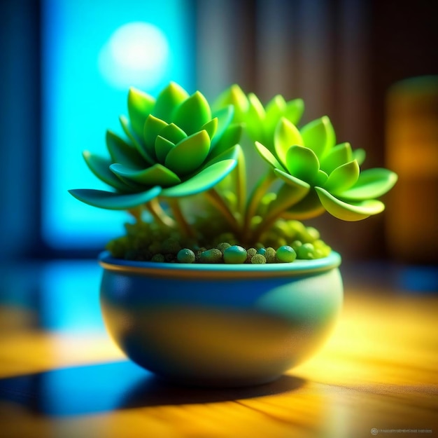 Houseplant in a pot with flowering foliage on a minimal background