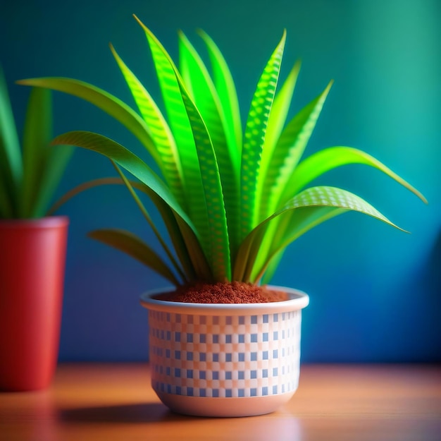 最小限の背景に花の咲く葉を持つ鉢の中の観葉植物