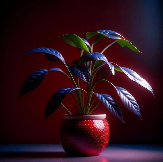 最小限の背景に花の咲く葉を持つ鉢の中の観葉植物