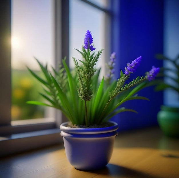 最小限の背景に花の咲く葉を持つ鉢の中の観葉植物