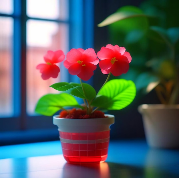 最小限の背景に花の咲く葉を持つ鉢の中の観葉植物