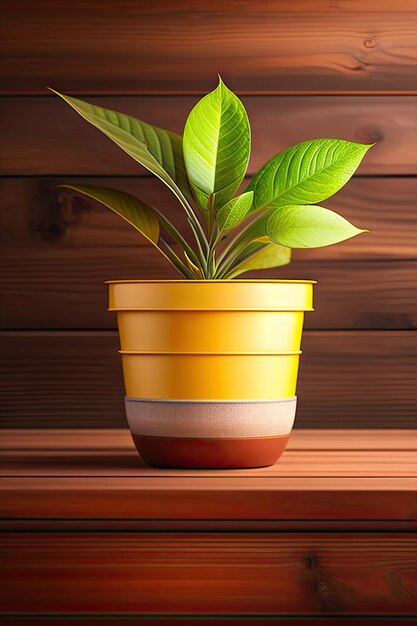 Houseplant in pot on wooden background with copy space