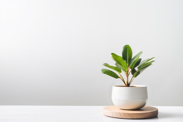 Houseplant in white pot on shelf against white wall with copy space