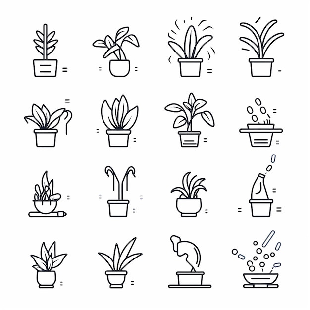 Houseplants care line icons set Remove dying leaves lighting houseplant watering houseplant