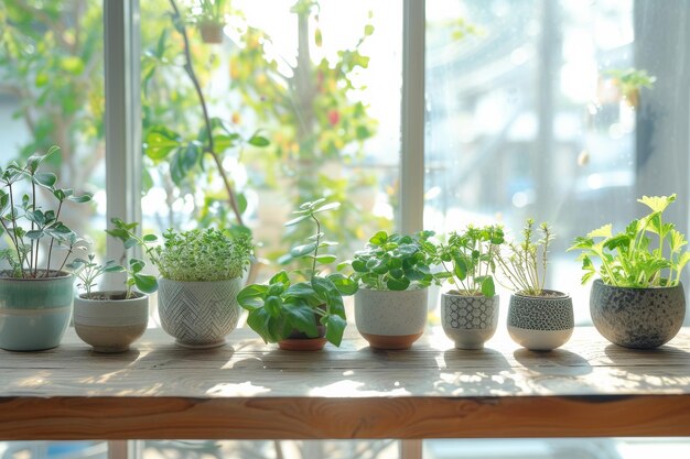 Photo houseplants in flowerpots on hardwood table by window