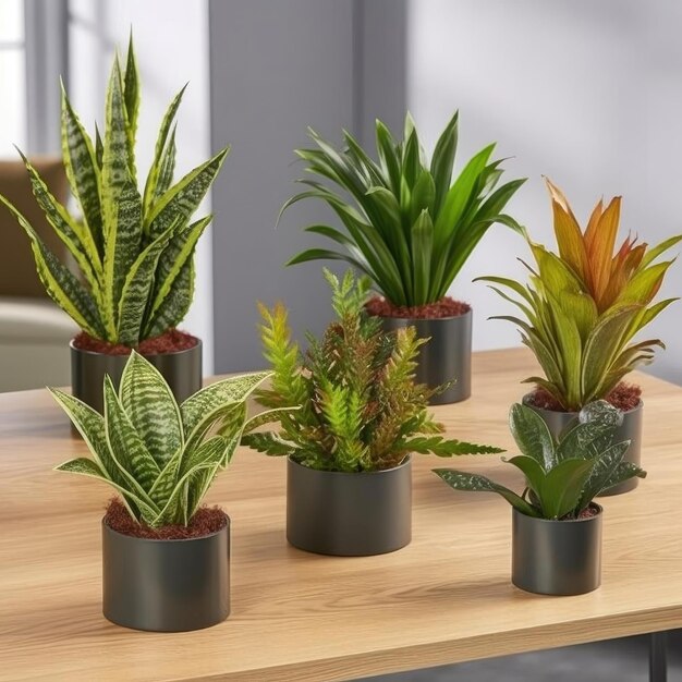 Houseplants in pots on a wooden table