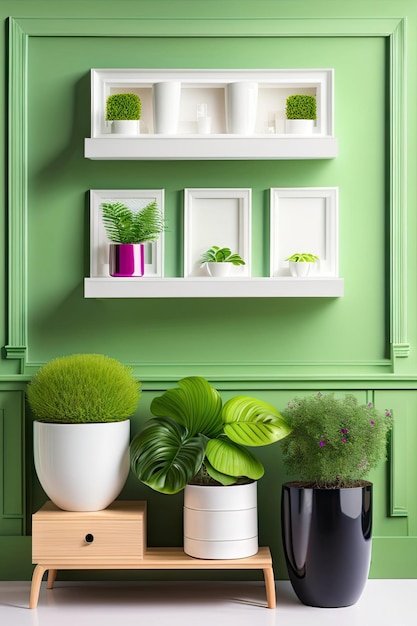Houseplants in white pots and photo frame on green wall