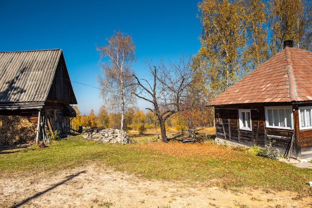 Houses against clear blue sky during autumn