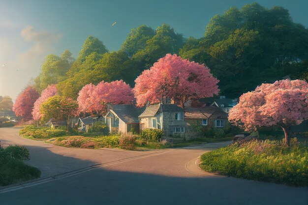 Houses along the road with green lawns trees and flowers 3d illustration