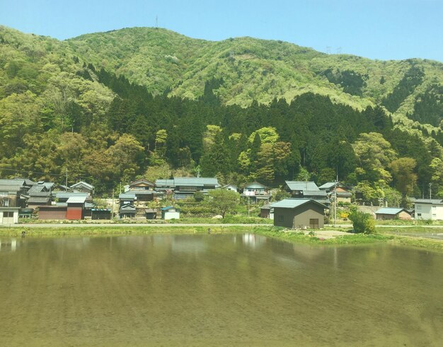 사진 산과 맞아 있는 집과 나무