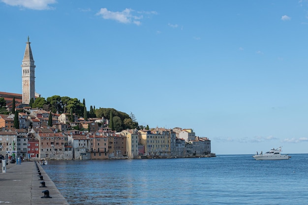 Houses and bell tower in port rovinj