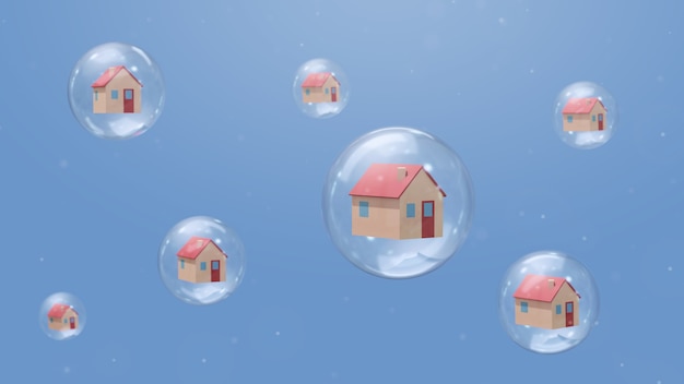 Photo houses in bubbles. quarantine concept. abstract illustration, 3d rendering.