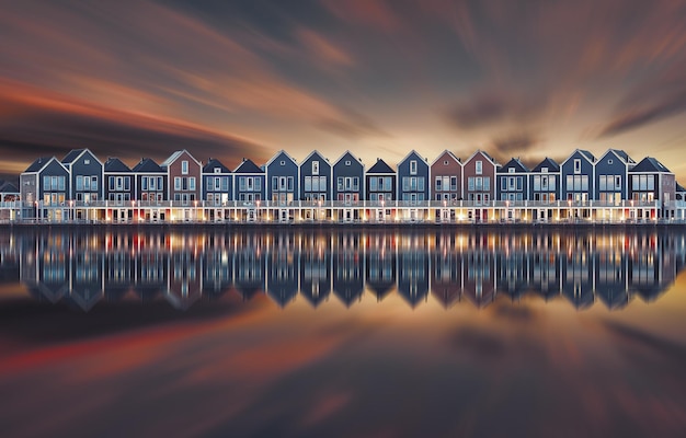 houses by sea against sky during sunset