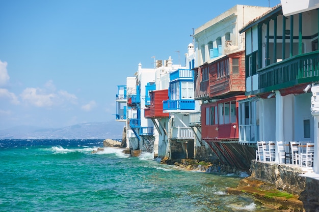 Houses by the sea in Mykonos Island, Greece. Greek landmark