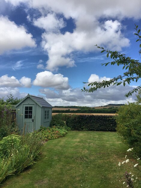 Houses by trees against sky