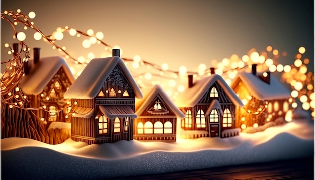 寒い雪の風景パノラマ バナーの住宅クリスマス ストリング ライト
