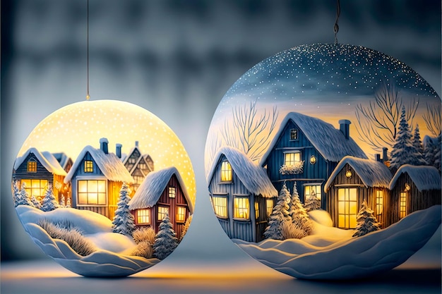 Houses Christmas String Lights in Cold Snow Landscape Panorama Banner