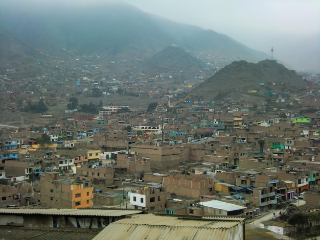 Houses of different construction materials in a lowincome human\
settlement in peru