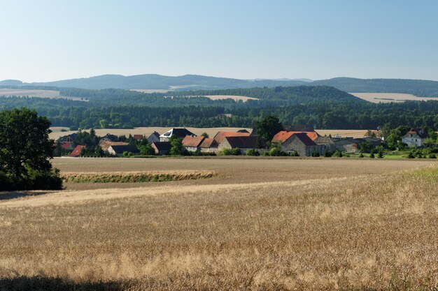 Houses on field against clear sky