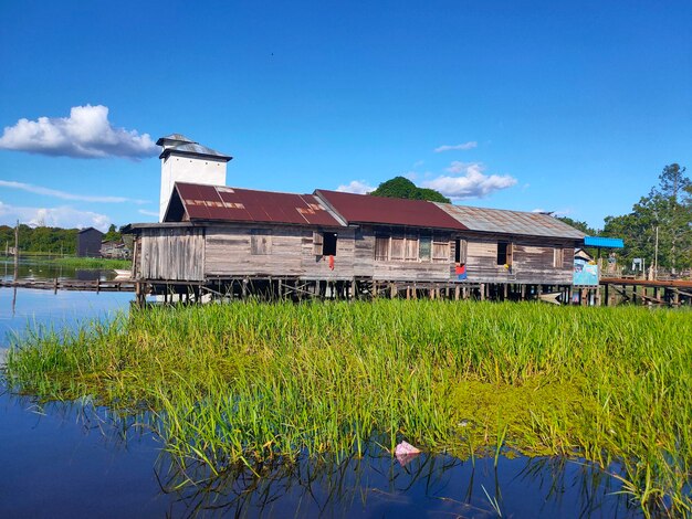 Houses on field by lake against sky