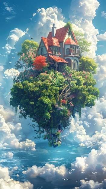 Houses and flowers flying in the air a fairy tale world