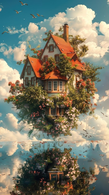 Дома и цветы, летящие в воздухе, сказочный мир.
