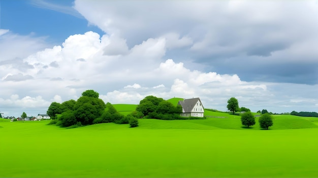 Дома на поле зеленой травы под белыми облаками, сгенерированные искусственным интеллектом