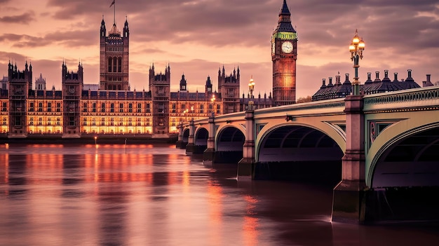 사진 밤에 런던의 의회 건물들이 ai에 의해 생성되었습니다.