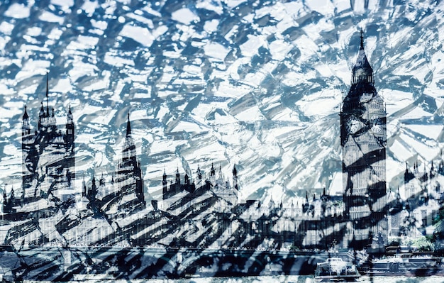 Houses of Parliament en Big Ben in Londen bovenop met gebroken glas