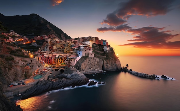 석양에 지중해 바다 바위 위의 집 Manarola Cinque Terre Italy Generative AI