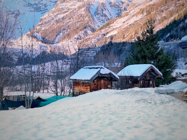 雪で覆われた土地や山の家