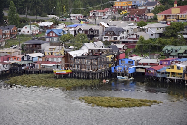 Houses on stilts palafitos in Castro Chiloe Island Patagonia Chile