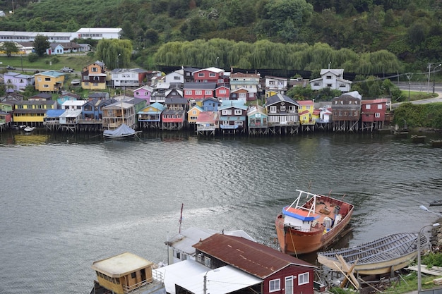 Houses on stilts palafitos in Castro Chiloe Island Patagonia Chile