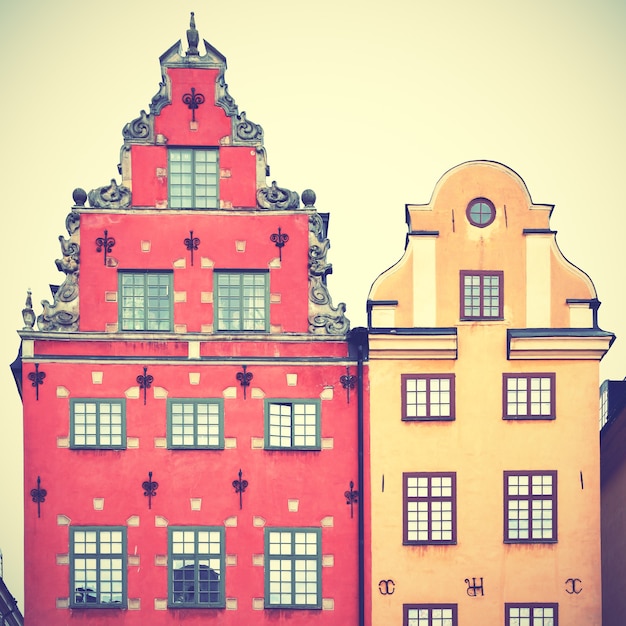 Houses on Stortorget square in Stockholm. Retro style filtred image