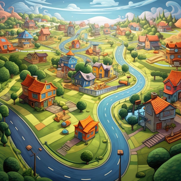 Houses and streets cartoon illustration AI generated Image