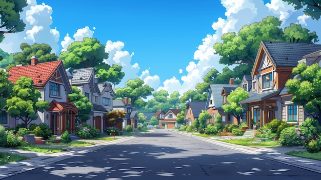 Photo houses in suburbs streets with residential cottages two storey country houses with garages green trees in front of yards and asphalt road in front cartoon modern illustration