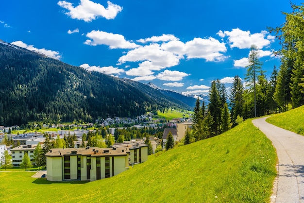 Houses in town village in Alps mountains Davos Graubuenden S